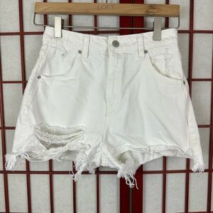 Rollas White High Rise Distressed Raw Hem Denim Jean Mini Shorts